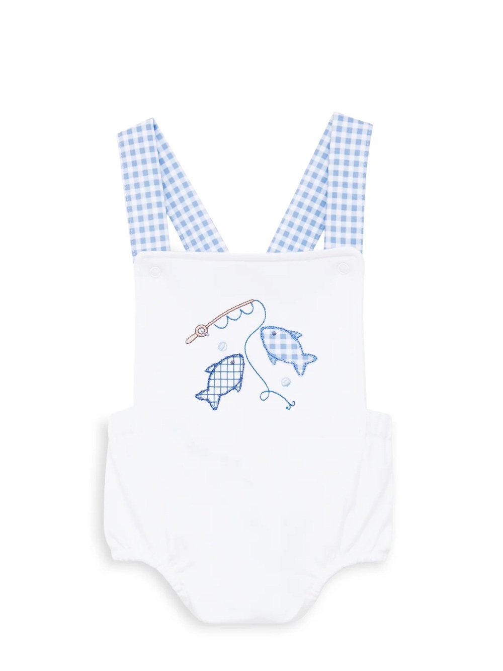 Gingham Strap White Baby One-Piece with Blue Fish Appliqué